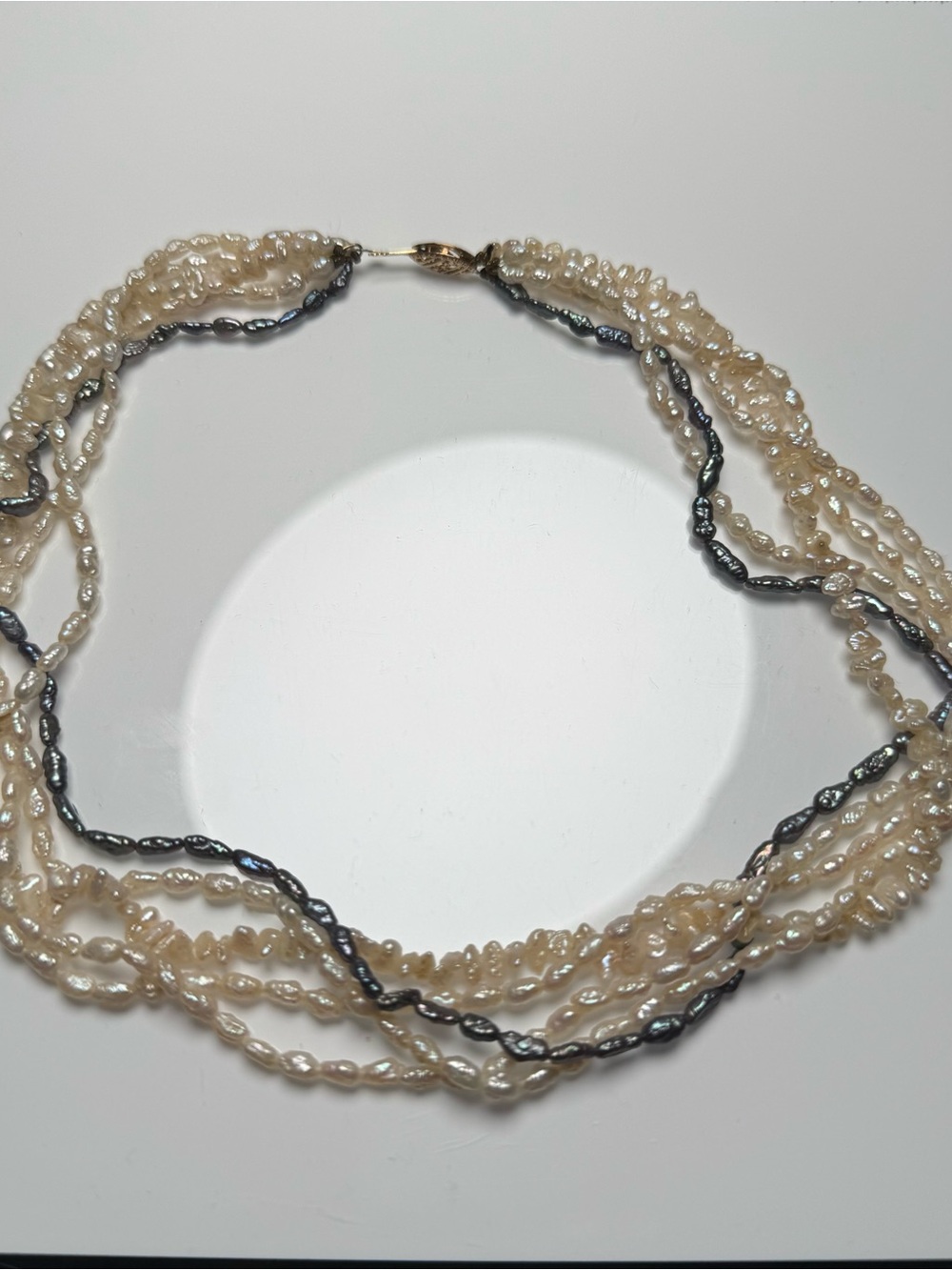 Vintage Blue & White 8-Strand Rice Pearl Necklace with 14K Gold Clasp